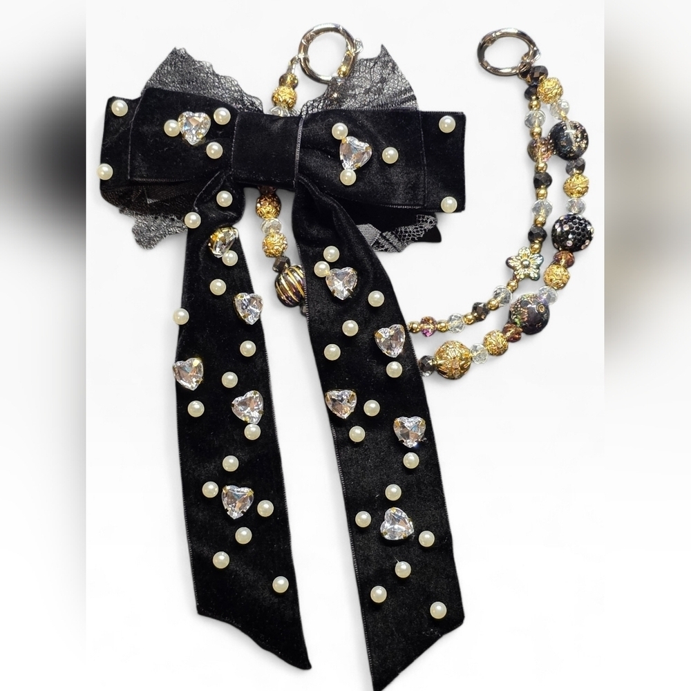 Black Velvet Bow Bag Charm with Pearl and Crystal Accents